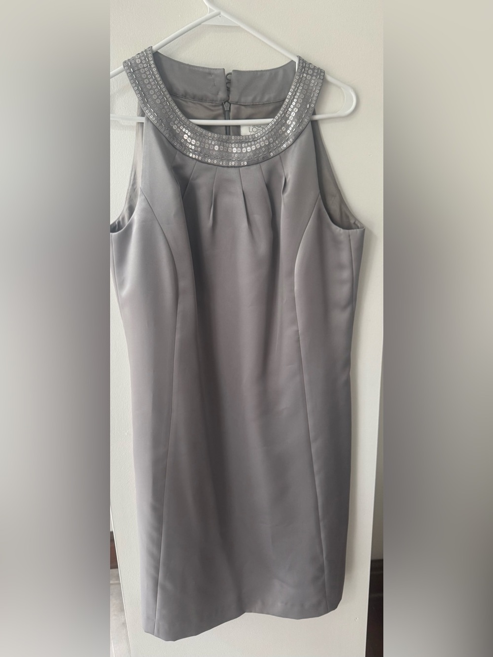 LOFT Silver Sleeveless Midi Dress with Embellished Neckline